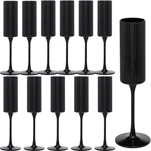 12 Pack Champagne Flutes 6 OZ Plastic Wine Glasses - Reusable Elegant for Wedding Reception Birthday Toasting Parties - Vintage Mimosa Stemware with Long Stem Party Bar Supplies Vibrant Black