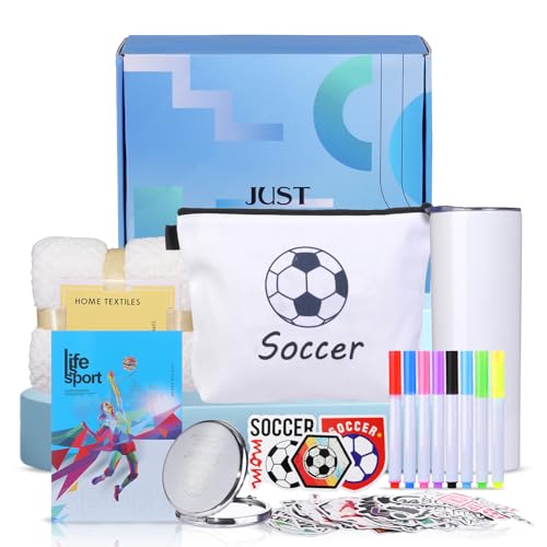 女の子へのサッカーギフト、サッカー愛好家へのギフト、女の子のためのサッカースタッフサッカーアクセサリーには、サッカーメイクアップバッグが含まれています 真空カップ タオルミラー、女の子、娘の友人への誕生日プレゼント。