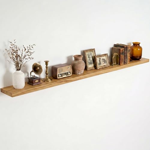 Image of Dreamland 72 Inch Floating Shelves for Wall, Solid Elm Wood Wall Shelves for Living Room, Bedroom, Kitchen, Bathroom, Wall Mounted Long Floating Shelf Set of 1, Natural