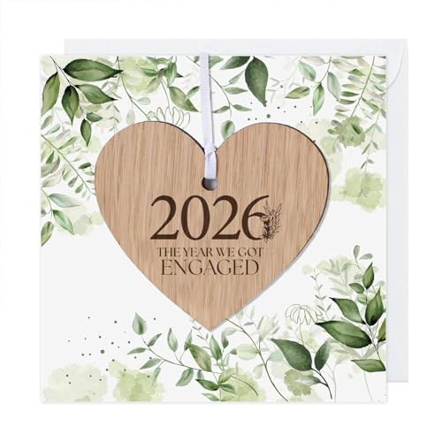 2026 Engagement Card With Wooden Hanging Plaque Heart - Memento Keepsake - Gift For Engaged Couple (2026 - Engaged Card With Wooden Heart)