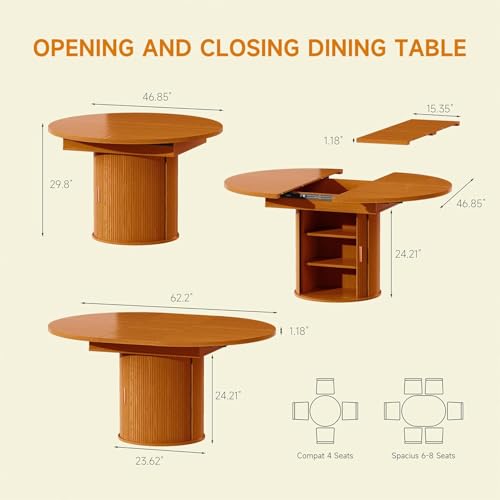 Extendable Round Dining Table: 47″–63″ Kitchen Table for 4 6 8 with Dust-Proof 2-Tier Storage Shelf Space Saving, Modern Farmhouse Expandable Wood Oval Circle Dinner Furniture with Pedestal Base - Image 3