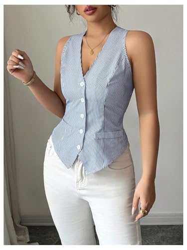 GORGLITTER Women's Striped Button Up Vest Tops Sleeveless Work Office Waistcoat Suit Vest Blazers4