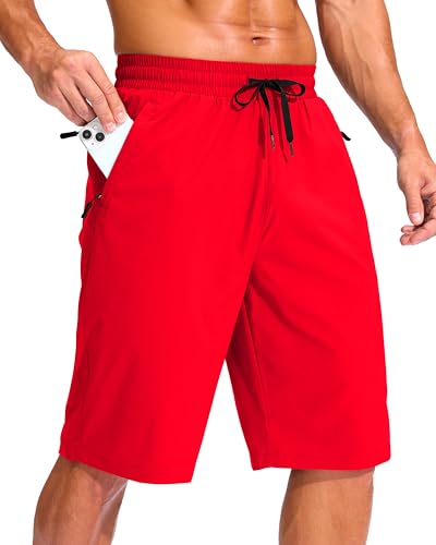 Men's 11" Swim Trunks with 3 Zipper Pockets Board Shorts,Red,L