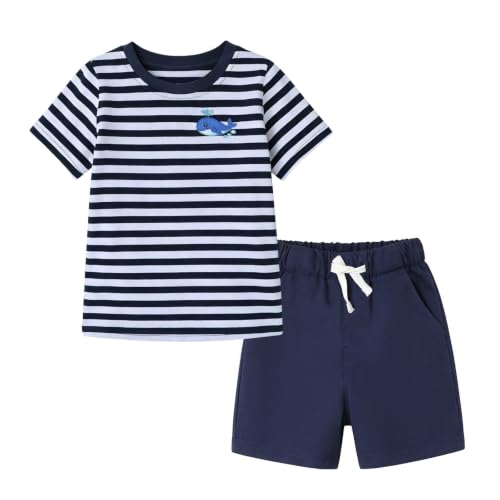 Image of HILEELANG Toddler Boy Summer Outfit Set 2 Piece Short Sleeve T Shirt and Short Soft Breathable Cotton Clothing Sets 2-7T