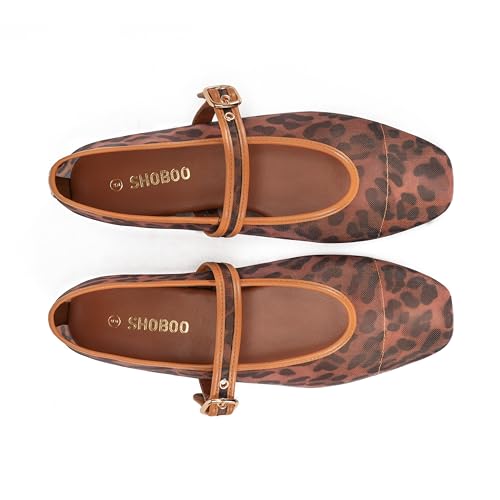 Women's Leopard Print Mesh Ballet Flats - Square Toe Mary Jane Buckle Shoes for Dress 5
