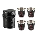 Agatige Lot De 4 Tasses à Expresso 70ml, Tasse Café Tasse Thé Verres Bière Glacés, Empilable Tasse Métallique Incassable, Acier Inoxydable Mini Verre Vin Portable Avec étui Cuir Pour Maison Magasin