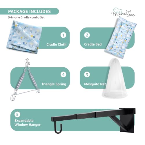 Image of Baby Cradle̞, Foldable Window Hanger with Sliding Lock, Hanger Spring, Mosquito Net & Pad with Insert Pocket, Jhoola, Thottil, Joli, Jokali, Onjal (Aqua)