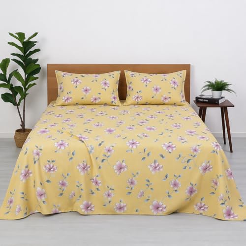 Image of Cotton King Size Bedsheet with Pillow Covers - Floral Dreamscape Print, 144 TC Soft & Breathable Bedding Set (108x108 Inch), Premium Flat Bed Sheet