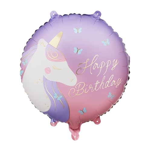 Folienballon Pastille Happy Birthday Einhorn 35x35cm - Ballon für Helium oder Luft - Runder Ballon zum Geburtstag - Pastillenballon als Partydeko Geburtstagsdeko - Rosa Lila