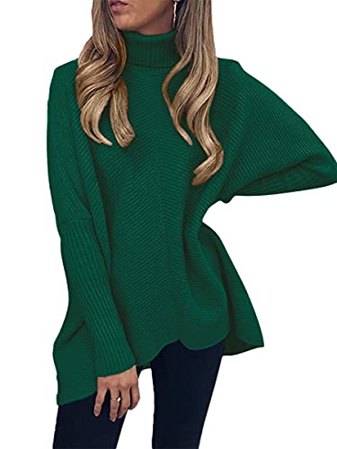 Image of ANRABESS Women's Turtle Neck Long Bat Wing Sleeve Asymmetric High Low Hem Extra Soft Sweater Fall Jumper Pullover A87molv-XS Green