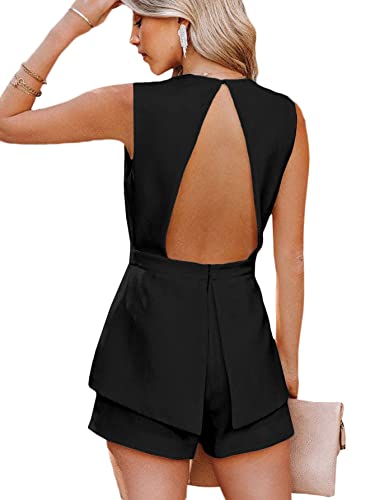 Lyaner Women's Sexy Deep V Neck Sleeveless Backless Blazer Romper Shorts Jumpsuit Black Large #TOP26