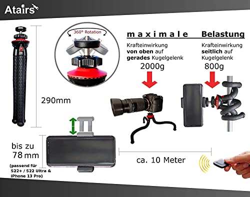 Trépied flexible avec Bluetooth, trépied, support pour smartphone iPhone Samsung S7/S7 Edge/S8/S8 +/S9/S9 + Huawei Xiaomi Appareil photo DSLR Canon/Nikon/Sony Caméra embarquée GoPro, atairs - Image 7