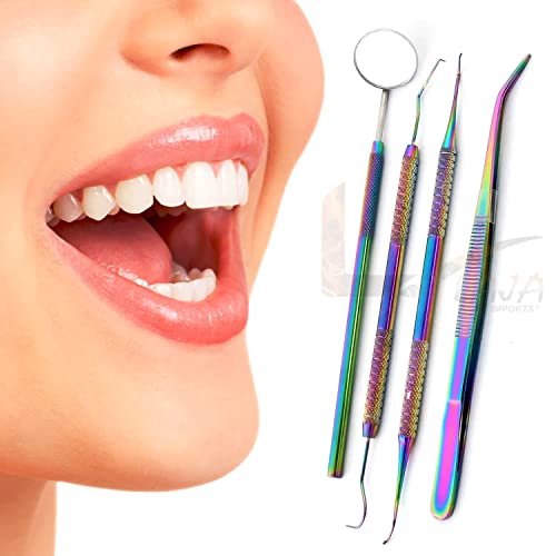 Laja Imports Dental Tools, 4-Pack Dental Hygiene Tool Dental Kit, Mouth Mirror, Dental Pick, Tweezers, Stainless Steel Rainbow Multi-Color #TOP6