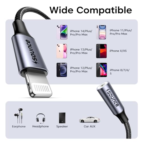 Image of Sounce Lightning to 3.5 mm Converter, Built-in DAC Chip, Braided Cable, Aluminum Body, Supports Both Mic & Audio, Compatible with iPhone 14 | 13 | 12 | 11 | XS | X | 8 | 7 | 6 | 5