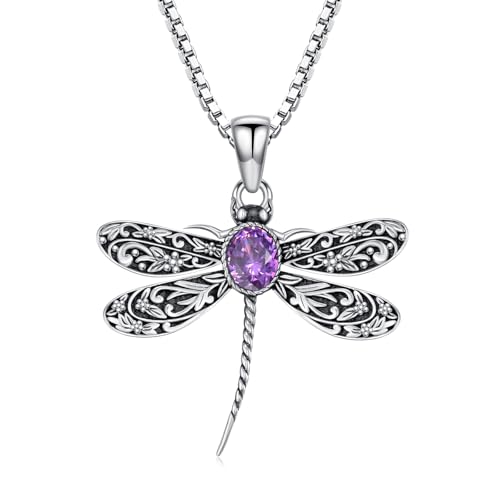 Vintage Dragonfly Necklace for Women 925 Sterling Silver, Oval Birthstone Dragonfly Pendant Boho Jewelry Birthday Gift for Her, Mom, Grandma