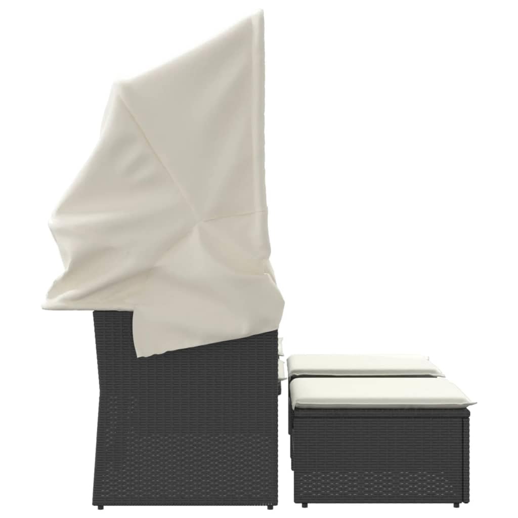 Hommdiy Gartensofa,Gartenlounge Outdoor,Sonnenliege Gartenliege Balkon,Doppelliege 2-Sitzer mit Dach und Hockern Schwarz Poly Rattan