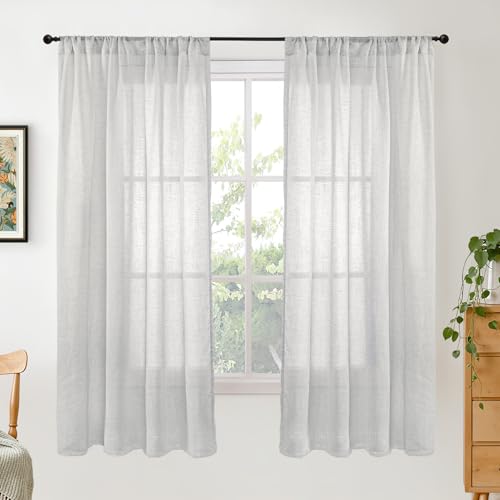 Image of BGment Light Grey Linen Curtains 63 Inches Long for Bedroom Windows, Sheer Drapes Lightweight Rustic Country Textured for Farmhouse Living Room Decor Rod Pocket, 2 Panels Set, Each 42 Inch Wide