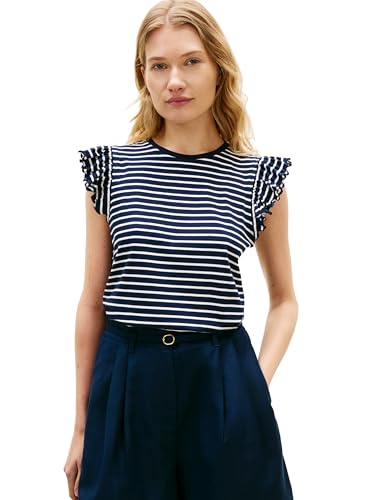 Tommy Hilfiger Women's Regular Crew Neck Sleeveless T-Shirt with Frill, Dark Night Navy/Ecru Stripe Medium
