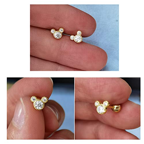 Cute Mouse Cubic Zirconia Stud Sterling Silver Earrings For Women Girls Hypoallergenic Tiny Small 20G Ball Piercing Studs Cartilage Tragus Barbell 4 Mm Bead Barbell Screw Back Body Jewelry Dainty Gifts (14K Gold Plated) #TOP4