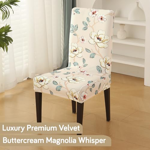 Image of HOKIPO Premium Printed Velvet Dining Chair Cover Set of 1, Buttercream Magnolia Whisper (AR-5794-D5)