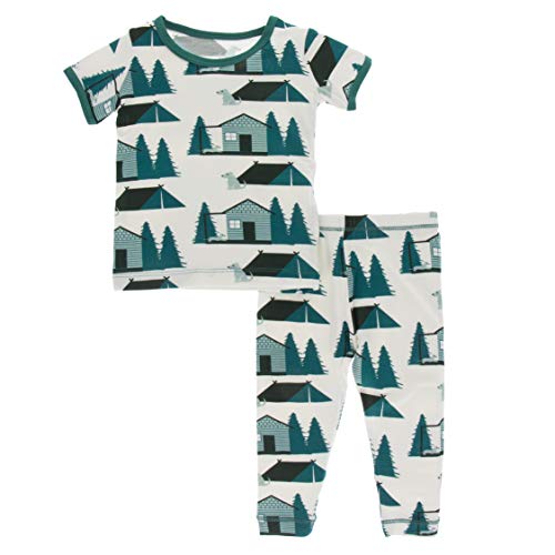 Kickee Pants Print Short Sleeve Pajama Set, Ultra Soft and Snug Fitting PJs, Matching Top and Bottom Sleepwear Set, Newborn to Baby to Kid Pajamas (Natural Cabins and Tents - 2T)