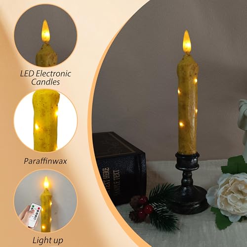 Image of 6.5 Inches Primitive Real Wax LED Flameless Short Candlesticks Hand Dipped Battery Operated Taper Candles with Timer Remote Candles for Vintage Rustic Home Decor, Pack of 4(Yellow)