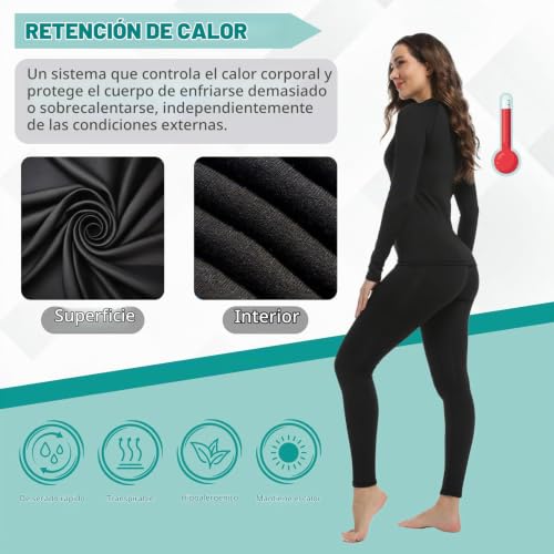 Miniatura 4 de Hyeek Ropa Interior Térmica Mujer - Conjunto De Invierno Frio Extremo, Manga Larga, Transpirable - Camiseta Y Pantalón Térmico Para Esquí Y Moto Negro, S