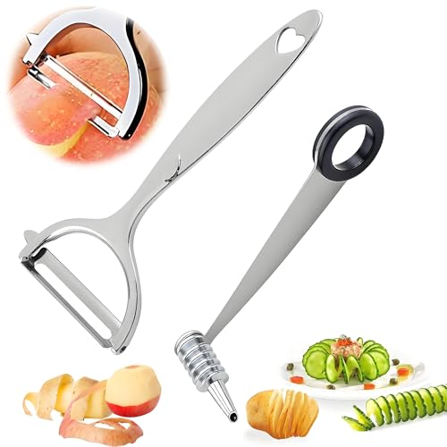 CHENNAN Spiralschneider Edelstahl Mit Gemüseschäler Y-Form Schäler Schäler für Obstgemüse Edelstahl Rettichschneider Praktisches Küchenwerkzeug für Gurken Kartoffeln Karotten Äpfel Obst (Silber)