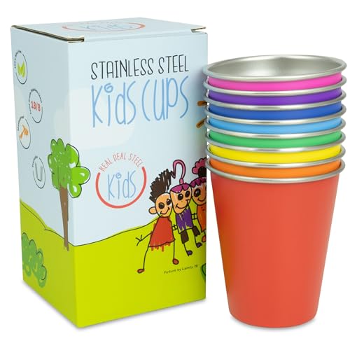 Stainless Steel Kids Cups - Set of 8 Rainbow Colored Metal Cups for Children and Toddlers, Premium 10 oz Drinking Glasses in Fun Colors, BPA Free, Unbreakable (Rainbow (8 Pack))