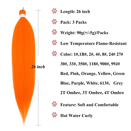 Color Orange Braiding Hair Pre Stretched Synthetic Colored Hair Extensions For Braiding Box Braids Pre Stretched Kids Micro Knotless Hypoallergenic Prestressed Braiding Hair (Orange Braids 3Packs) #TOP1