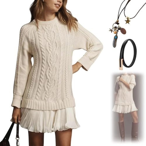 Women Crewneck Cable Knit Sweater Mini Dress, Twofer Style Causal Pleated Long Sleeve Patchwork Dress Pullovers