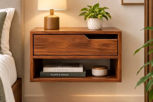 Image of RuPS Solid Wood Floating Bedside Table with Drawer and Open Shelf, Wall Mounted Nightstand for Bedroom, Wooden Side Table with Storage, Space Saving Bedside Organizer (Double - 16 inch x 12 inch x 12 inch)