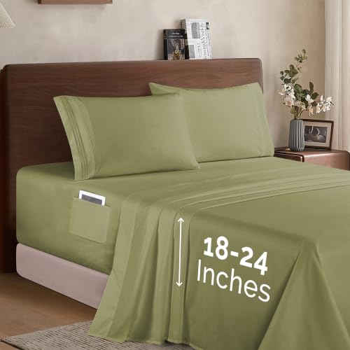 Image of Elegant Comfort Luxury 1500 Premium Hotel Quality Microfiber 4-Piece Sheet Set - Soft, All Around Elastic 18-24 Inches Deep Fitted Sheet - Extra Deep Pocket Sheets, Full, Sage /Green