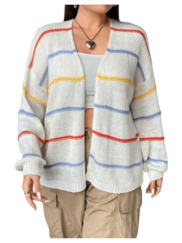 Image of Verdusa Women's Plus Size Striped Long Sleeve Open Front Loose Knitted Cardigan Sweater Beige Multi 1XL