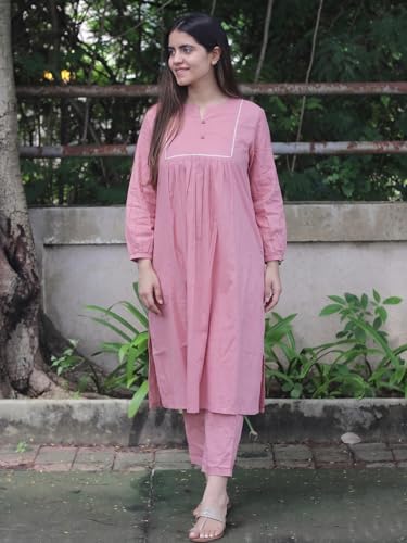 Image of GoSriKi Women's Vertikal Solid A-Line Kurta with Pant | Ethnic Kurta Set for Women | Viscose Blend Casual Office Wear Kurta Pant Set | Festive Traditional Outfit for Daily & Party