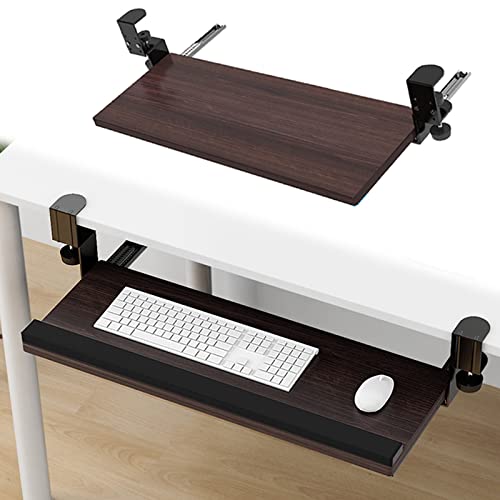 Extendable Under-Desk Keyboard Tray with Wrist Rest and C-Clamp No Drilling Required Adjustable Keyboard Drawer for Office Walnut Finish 75x24cm (30x9 inches)
