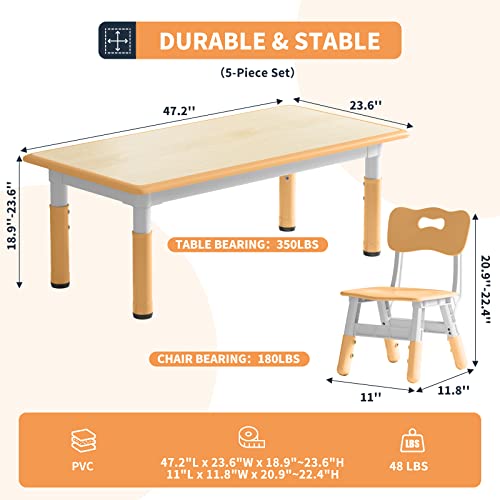 Wanan Kids Table And 4 Chairs Set, Multi Levels Height Adjustable Toddler Table And Chairs Set For Daycare, Classroom, Home, Playroom, Easy To Clean Arts & Crafts Table For Ages 2-10 (Natural) #TOP6