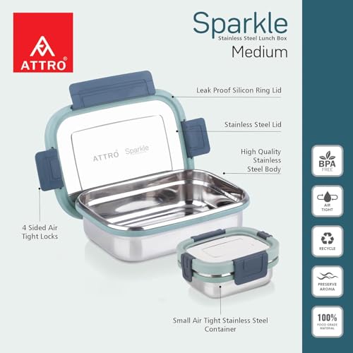 Image of ATTRO Sparkle Medium Stainless Steel Lunch Box 2-Piece Set - 800ml + 150ml - Leak-Proof, BPA-Free, Compact & Durable - Ideal for Kids, Office, Travel - Green