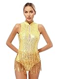 Nyeemya Maillot Ballet Danza Mujer de Sin Mangas Brillante Leotardo Gimnasia Mujer Cuello Halter Clásico Body con Flecos Traje de actuación de Baile Latino Cha Cha B Dorado S