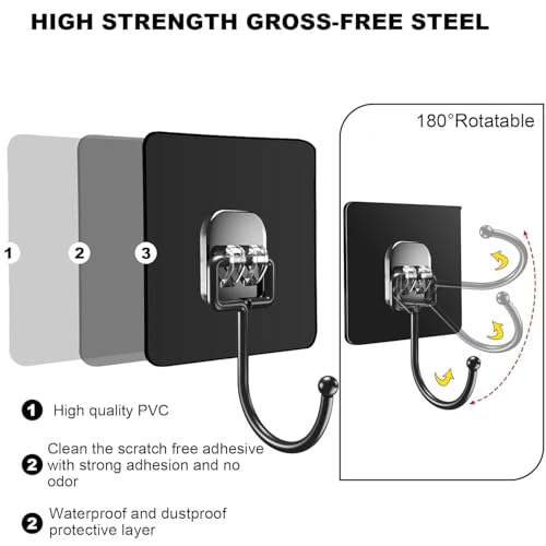 Image of Heavy Duty Adhesive Wall Hooks | 7 x 7 cm | Strong Waterproof No Drill Sticky Hook Hangers for Towel, Keys, Bags & Clothes | 10 Pcs Self Adhesive Wall Hooks - Black