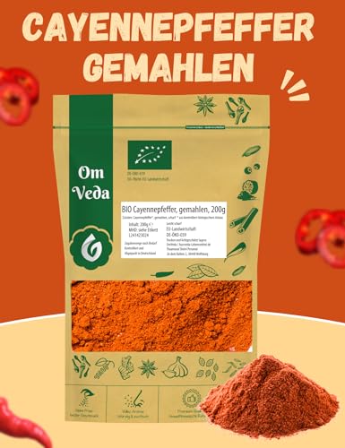 BIO Cayennepfeffer gemahlen 200g | Cayenne Chili Pfeffer schonend getrocknet und gemahlen | Cayenne Pfeffer Pulver Ideal für Suppen, Saucen, Fleischgerichte | BIO-Qualität | OmVeda
