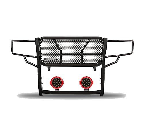 Image of Black Horse RUGGED Heavy Duty Grille Brush Bumper Guard Modular Black Come With pair of 7.0 inchDia.LED Lights with Red Trim Rings Compatible with 2007-2020 Tundra|2008-2022 Sequoia-RU-TOTU07-B-PLR