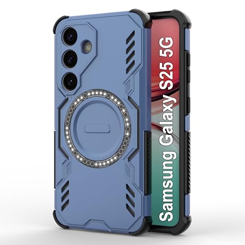 Image of amazon basics Back Case Cover for Samsung Galaxy S25 5G | Magnetic Case with Built-in Metal Ring | Supports Mag-Safe Charger, Wallet & Car Mount | Shockproof Hybrid PC + TPU | Blue