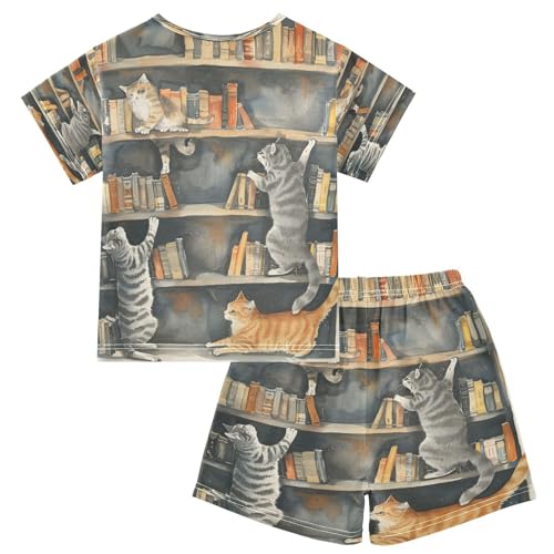 senya Short Sleeve Pajamas Sets Summer Cotton Sleepwear Cats Playing Bookshelf2
