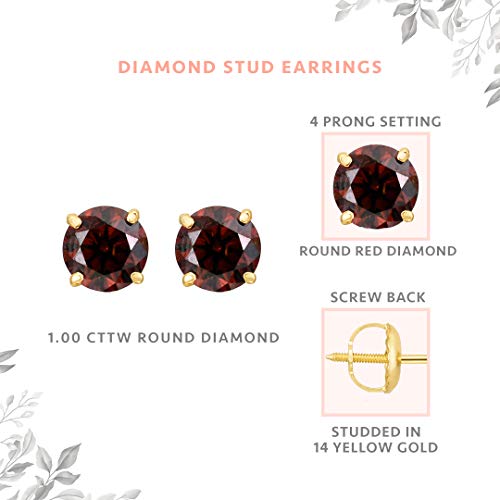 14K Yellow Gold and Red Diamond Stud Earrings for Women, Screw back finding, Hypoallergenic, Gift Ready Packaging3