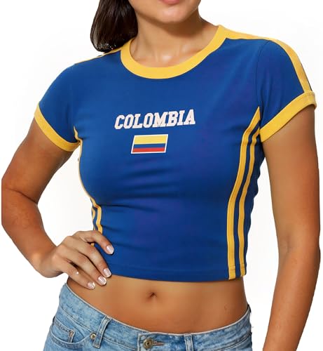 IDEWO Graphic Baby Tees for Women Slim Fit Jersey Flag Embroidered Short Sleeve Shirt Summer Going Out Streetwear (Large Colombia)