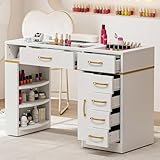 TTGIEET Nail Tech Table with Dust Collector, Glass Top Manicure Table Nail Desk Station w/7 Drawers & 3-Tiers Open Shelves, Nail Beauty Workstation w/Wrist Cushion & Acrylic Display Rack（White）