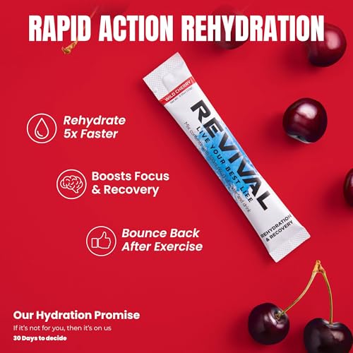 Revival Rapid Rehydration Sachets Electrolytes Powder High Strength Vitamin C, B1, B3, B5, B12 Supplement Sachet Energy Drink, Effervescent Electrolyte Hydration Tablets 6 Pack Cherry Flavours - Image 4