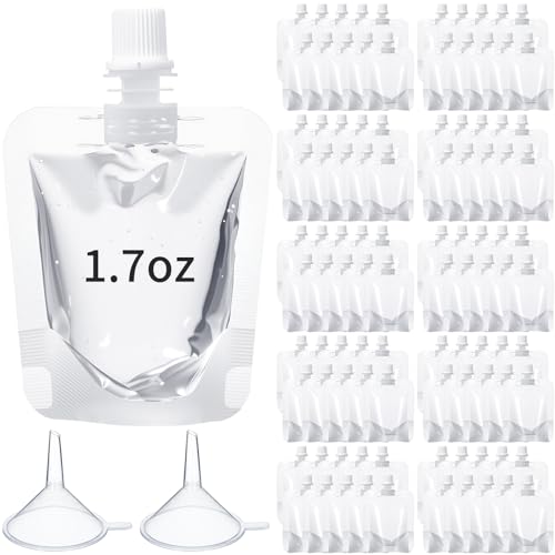 Seeloowy 100 Pcs Plastic Pouches Bulk Clear Juice Bags Squeeze Pouches Plastic Leak Proof Bags with Funnel for Party Favors (1.7 oz)