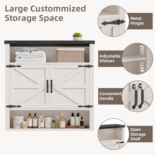 Image of Bathroom Wall Cabinet, Farmhouse Medicine Cabinet with Adjustable Shelves and 2 Barn Doors, Wall Mounted Over the Toilet Storage Cabinet for Bathroom, Laundry Room, Kitchen, Rustic White and Black